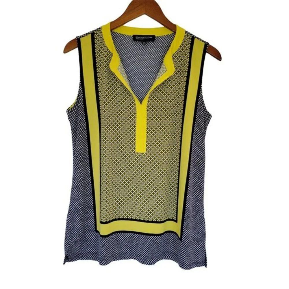Jones New York Sleeveless Scarf Print Top Womens PM Blue White Yellow Petite